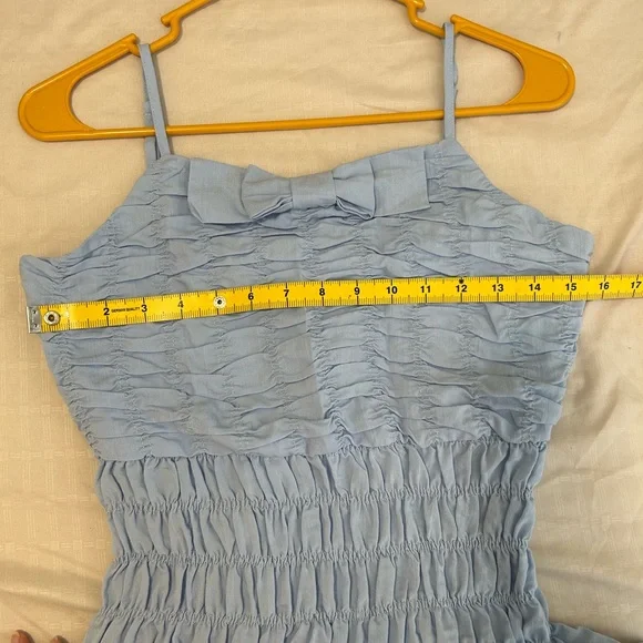 🩵EUC Simple Retro Light Blue Smocked Maxi Dress with Bow Detail size M Vintage - Picture 10 of 15